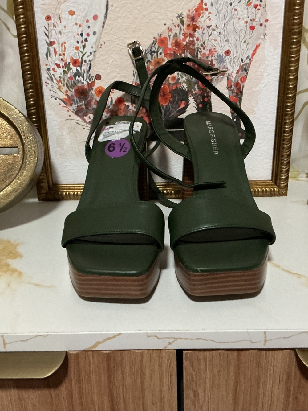 Marc Fisher Olive Green Platform Sandals with Ankle Strap